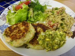 Salmon Fishckes, collaboration salad, Taboulleh & Sauce Grib-ish