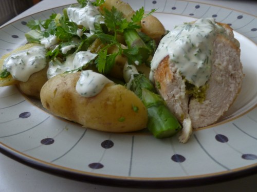Asparagus Salad, Chervil Dressing and Asparagus Mousse-Stuffed Chicken Ballotine