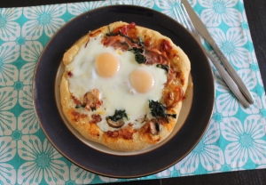 Breakfast Pizza - Bacon, sausage, mushrooms, spinach and egg