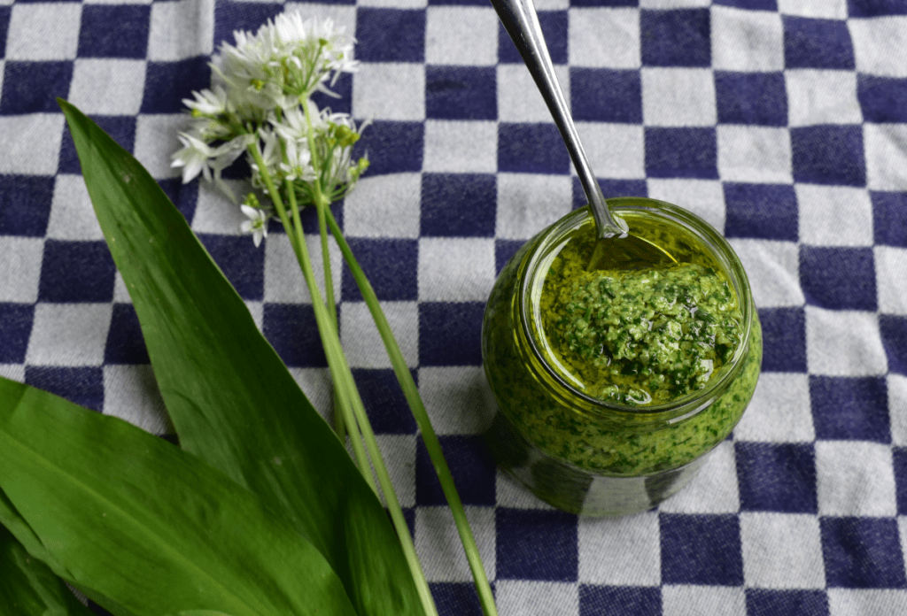 Wild Garlic or bear garlic pasto, ready to use.